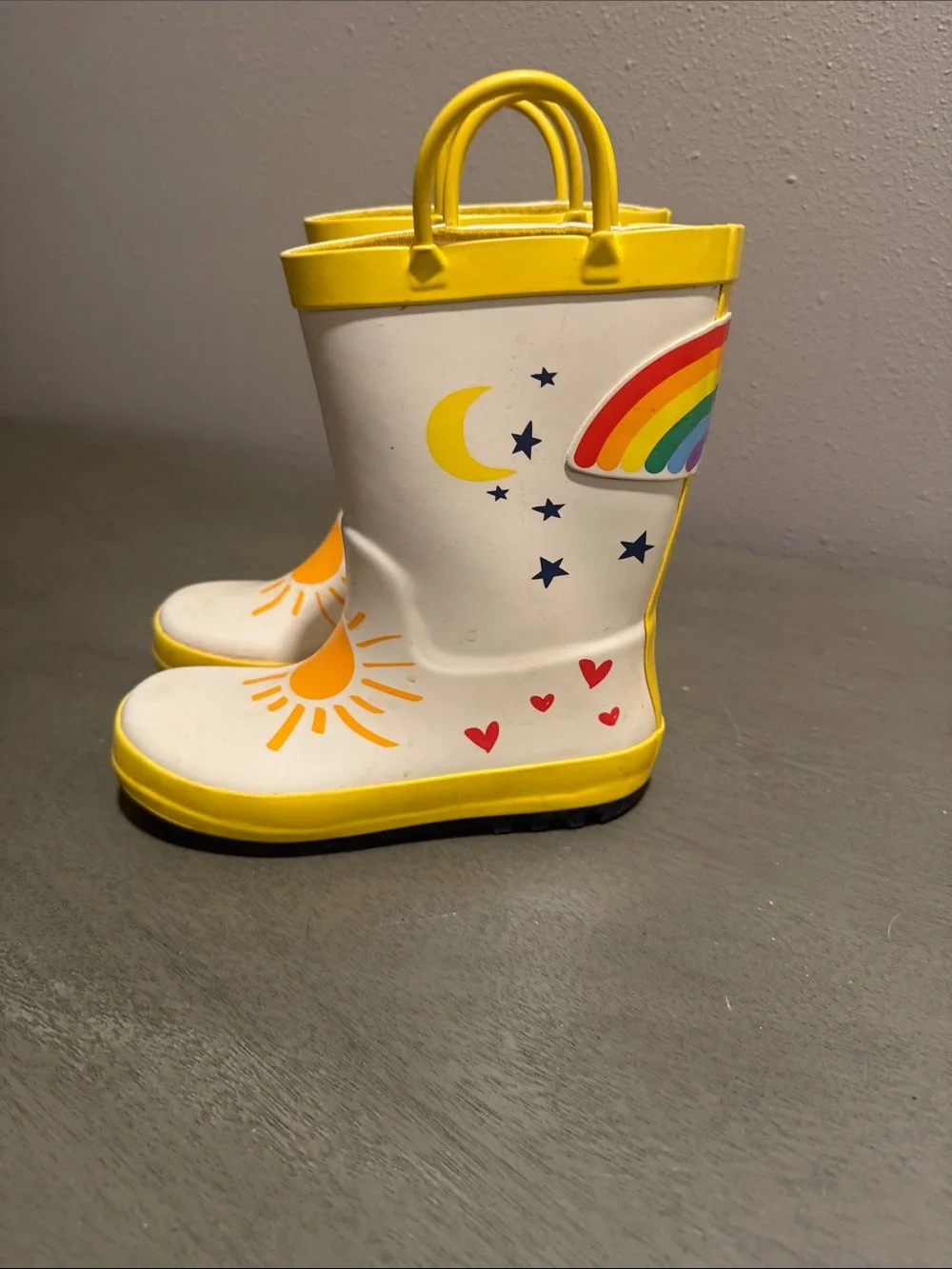 Cat & Jack Kids Yellow & White Rain Boots with Sun and Rainbow Graphics size 12